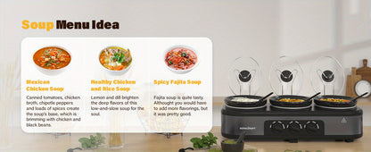 3-Pot Slow Cooker Buffet Server with 10 Cooking Liners - Triple Slow Cooker Food Warmer for Parties - Adjustable Temperature - 4.5 QT - Ideal for Large Gatherings & Family Dinners