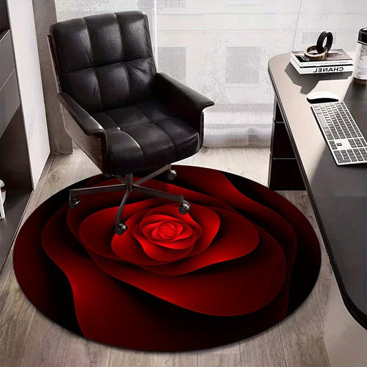 Red Rose Pattern Round Carpet Office Chair Mat, Non-Slip Fashion Decorative Polyester Chair Pad, Crystal Velvet 800g/m² - Diameter 150cm (59 inches)