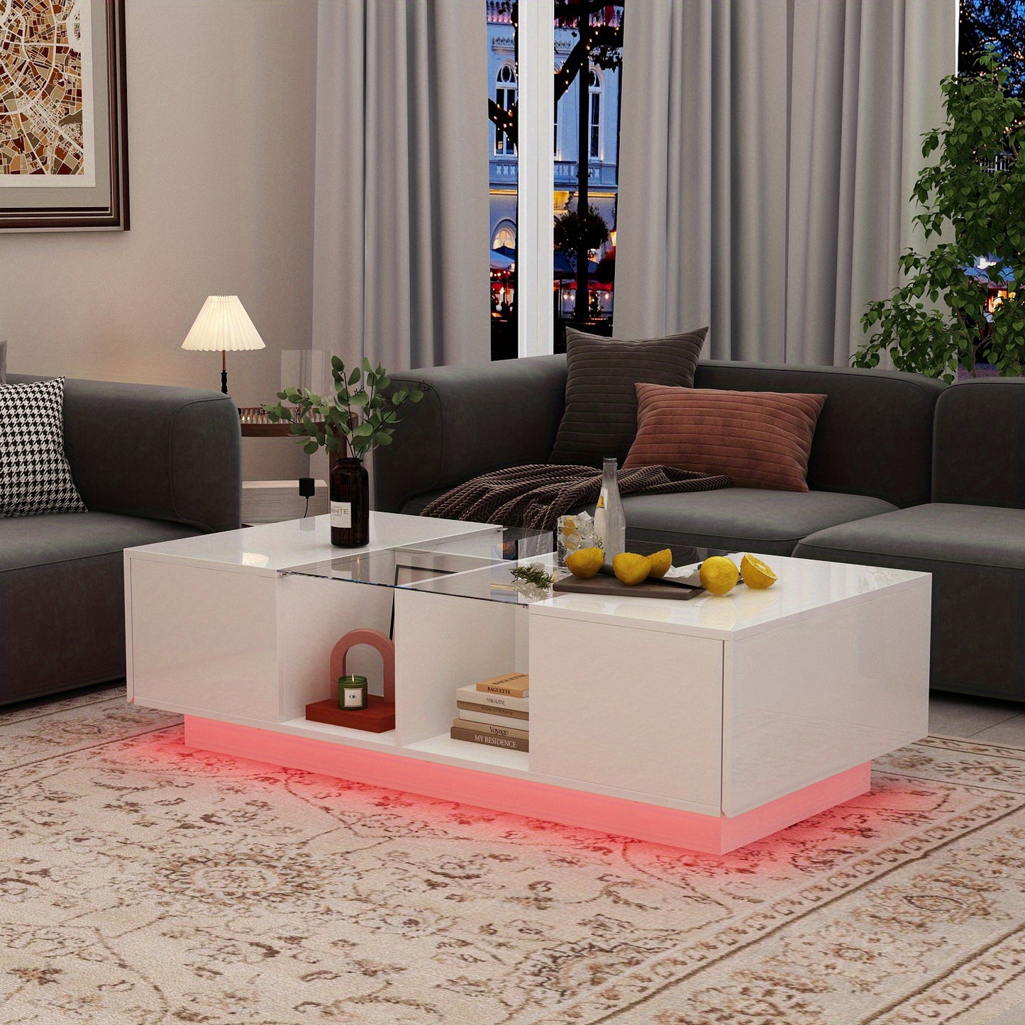 47.4" W Coffee Table with Storage, High Gloss Coffee Table with LED Lighting, Cocktail Table