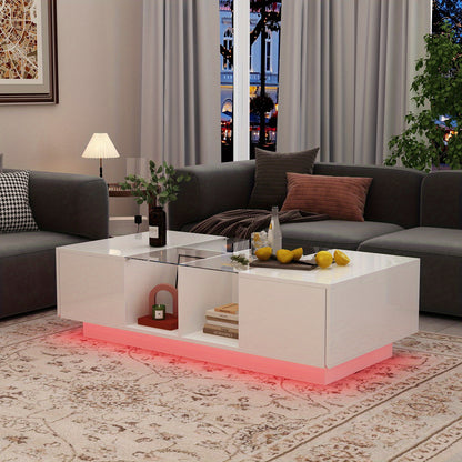 47.4" W Coffee Table with Storage, High Gloss Coffee Table with LED Lighting, Cocktail Table