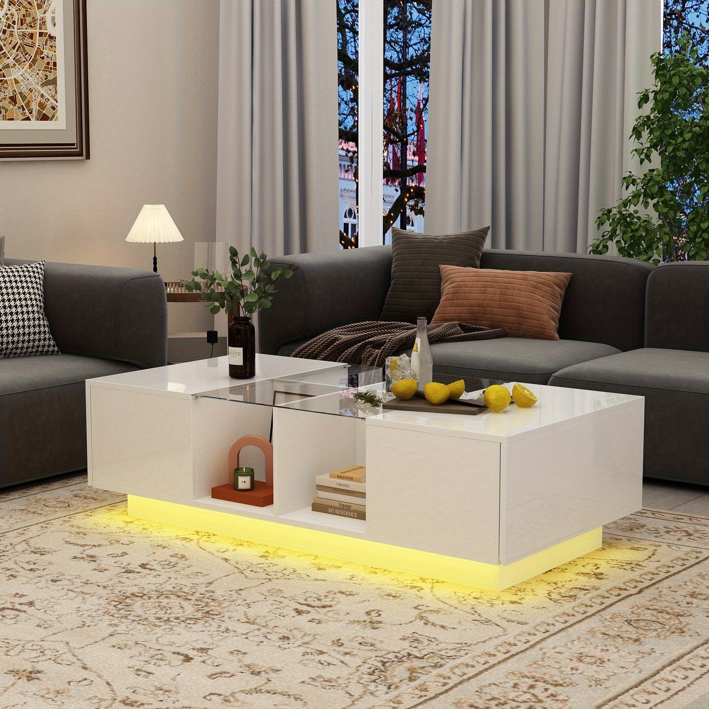 47.4" W Coffee Table with Storage, High Gloss Coffee Table with LED Lighting, Cocktail Table