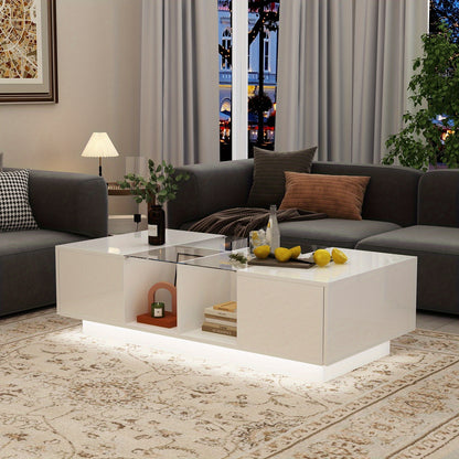 47.4" W Coffee Table with Storage, High Gloss Coffee Table with LED Lighting, Cocktail Table
