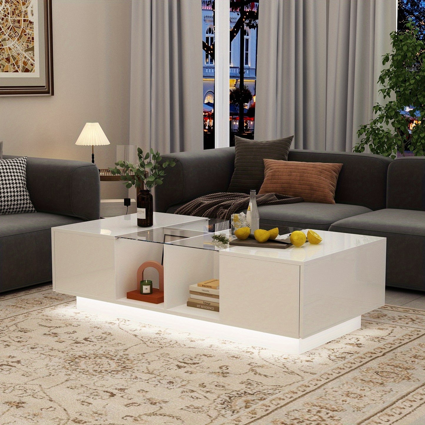 47.4" W Coffee Table with Storage, High Gloss Coffee Table with LED Lighting, Cocktail Table