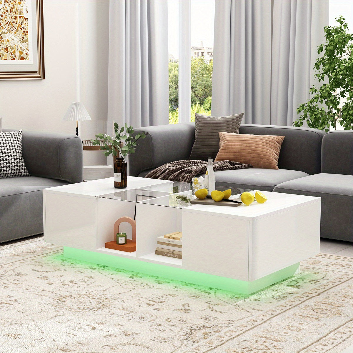 47.4" W Coffee Table with Storage, High Gloss Coffee Table with LED Lighting, Cocktail Table