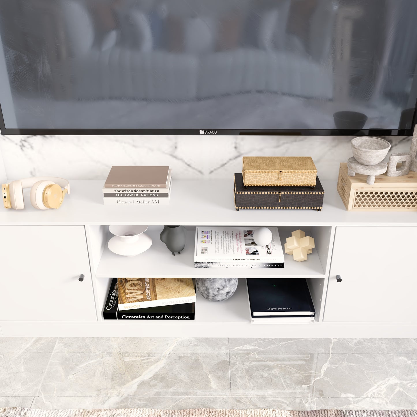 Coffee Table with Glass Top, Flip-Down Compartments, and Open Shelves