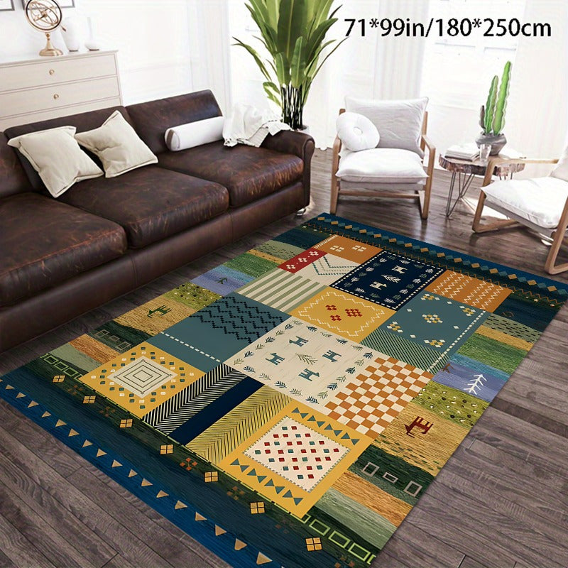 Plush Velvet & Washed Cotton Area Rug - Non-Slip, Machine Washable, Comfortable & Durable for Living Room, Bedroom, Outdoor Use - Green Pastoral Print Design