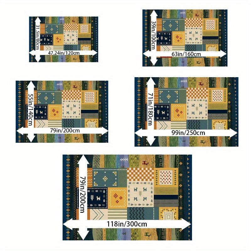 Plush Velvet & Washed Cotton Area Rug - Non-Slip, Machine Washable, Comfortable & Durable for Living Room, Bedroom, Outdoor Use - Green Pastoral Print Design