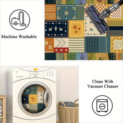 Plush Velvet & Washed Cotton Area Rug - Non-Slip, Machine Washable, Comfortable & Durable for Living Room, Bedroom, Outdoor Use - Green Pastoral Print Design