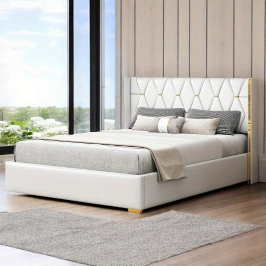 Off-white Queen Size Platform Bed featuring Metal Strips