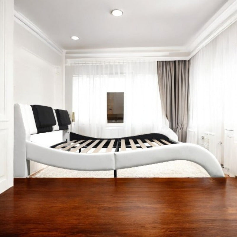 Faux Leather Queen Platform Bed Frame with Backrest Massage, Stylish Curve, Strong Slat Support, One Box Packaging