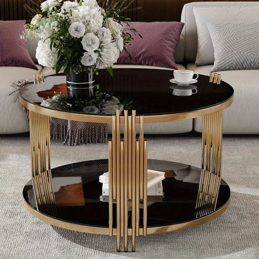 Modern Black Mirror Coffee Table, Asymmetrical Metal, Circular Metal Drum Base, Gold Finish & Lower Shelf For Living Room Club Bar Balcony Backyard