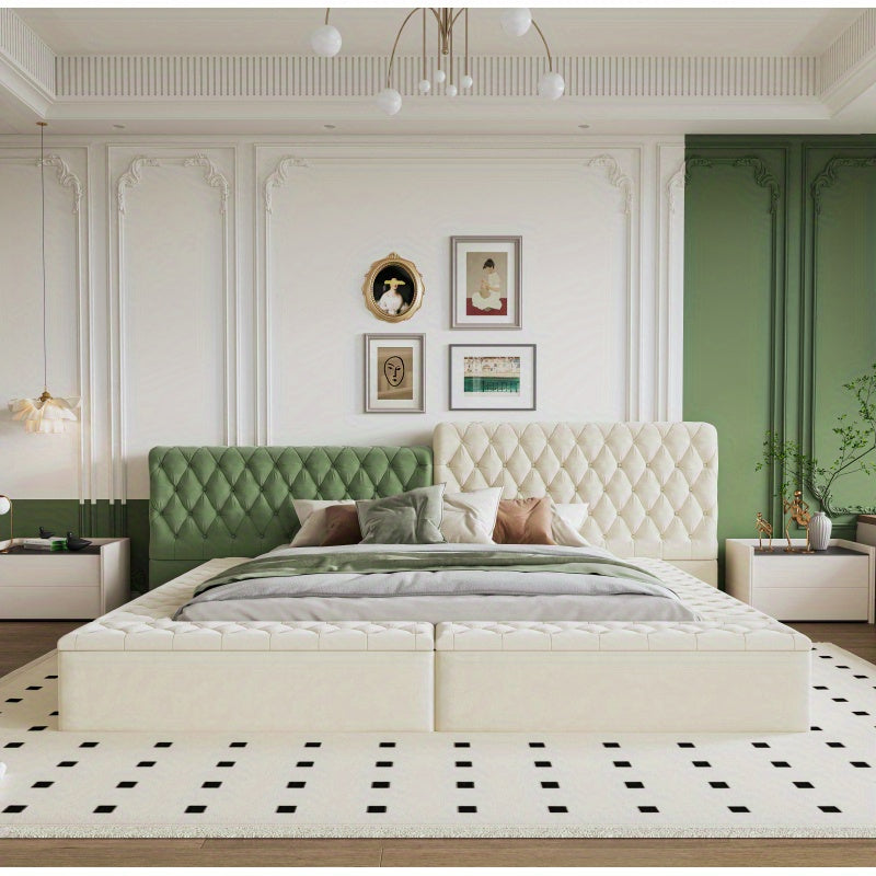 Contemporary Special-shaped Fully Upholstered Bed with Deep Button Tufting and Storage Compartments in Rails and Footboard, No Box Spring Needed, King, Beige