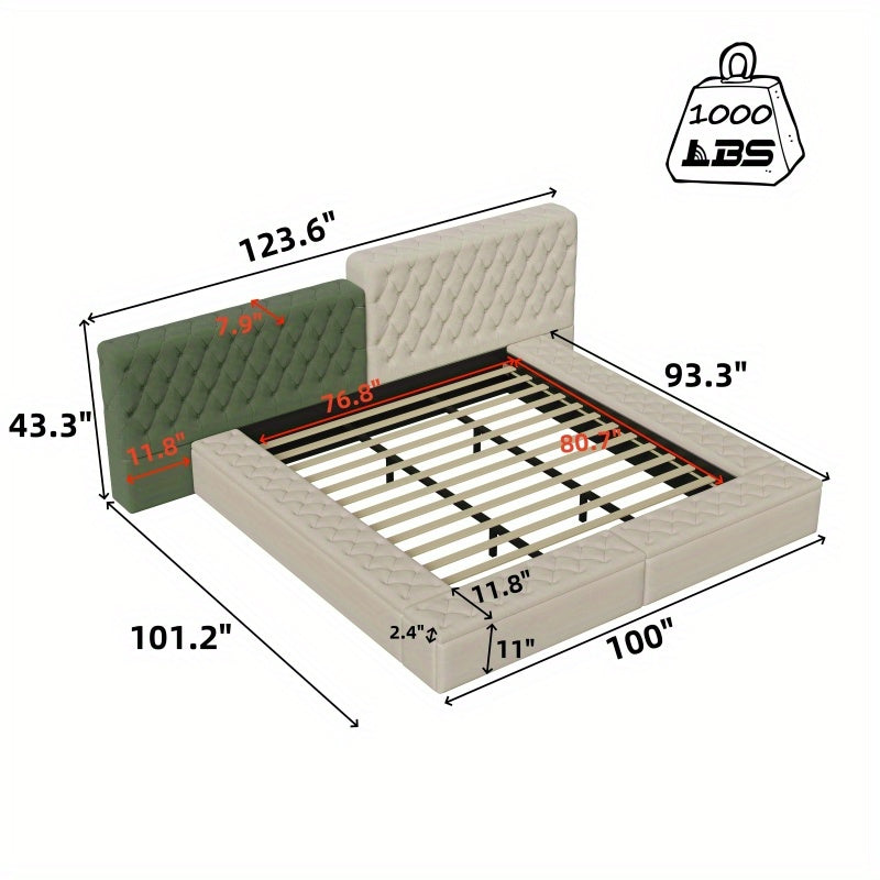 Contemporary Special-shaped Fully Upholstered Bed with Deep Button Tufting and Storage Compartments in Rails and Footboard, No Box Spring Needed, King, Beige