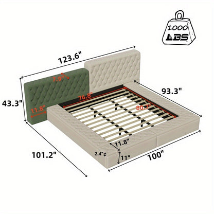 Contemporary Special-shaped Fully Upholstered Bed with Deep Button Tufting and Storage Compartments in Rails and Footboard, No Box Spring Needed, King, Beige