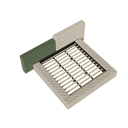 Contemporary Special-shaped Fully Upholstered Bed with Deep Button Tufting and Storage Compartments in Rails and Footboard, No Box Spring Needed, King, Beige