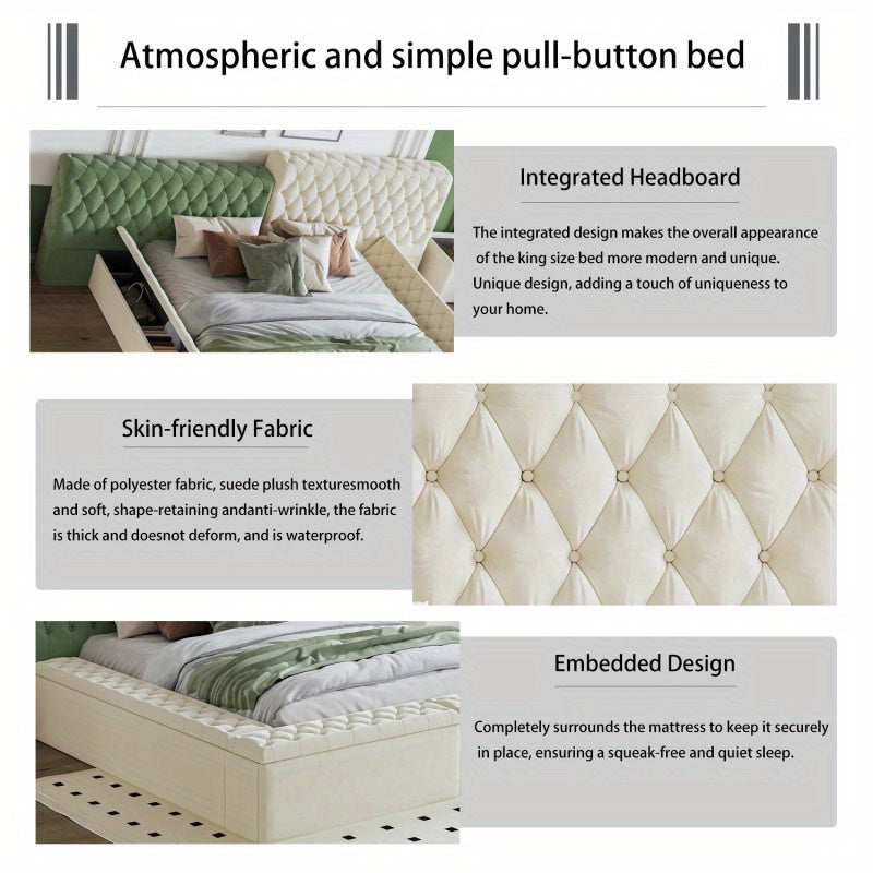 Contemporary Special-shaped Fully Upholstered Bed with Deep Button Tufting and Storage Compartments in Rails and Footboard, No Box Spring Needed, King, Beige