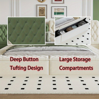 Contemporary Special-shaped Fully Upholstered Bed with Deep Button Tufting and Storage Compartments in Rails and Footboard, No Box Spring Needed, King, Beige