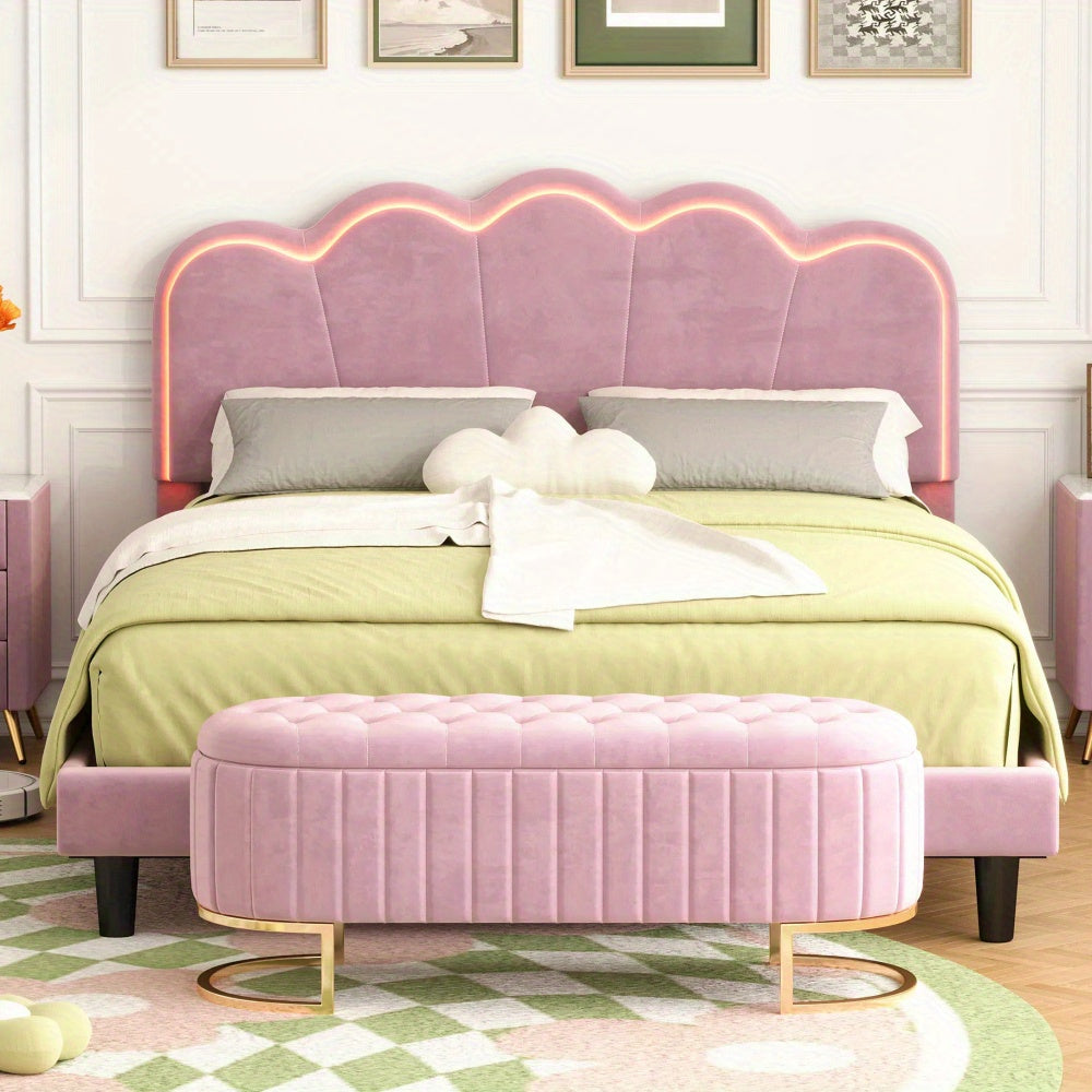 Queen Bedroom Set - LED Platform Bed & Storage Ottoman
