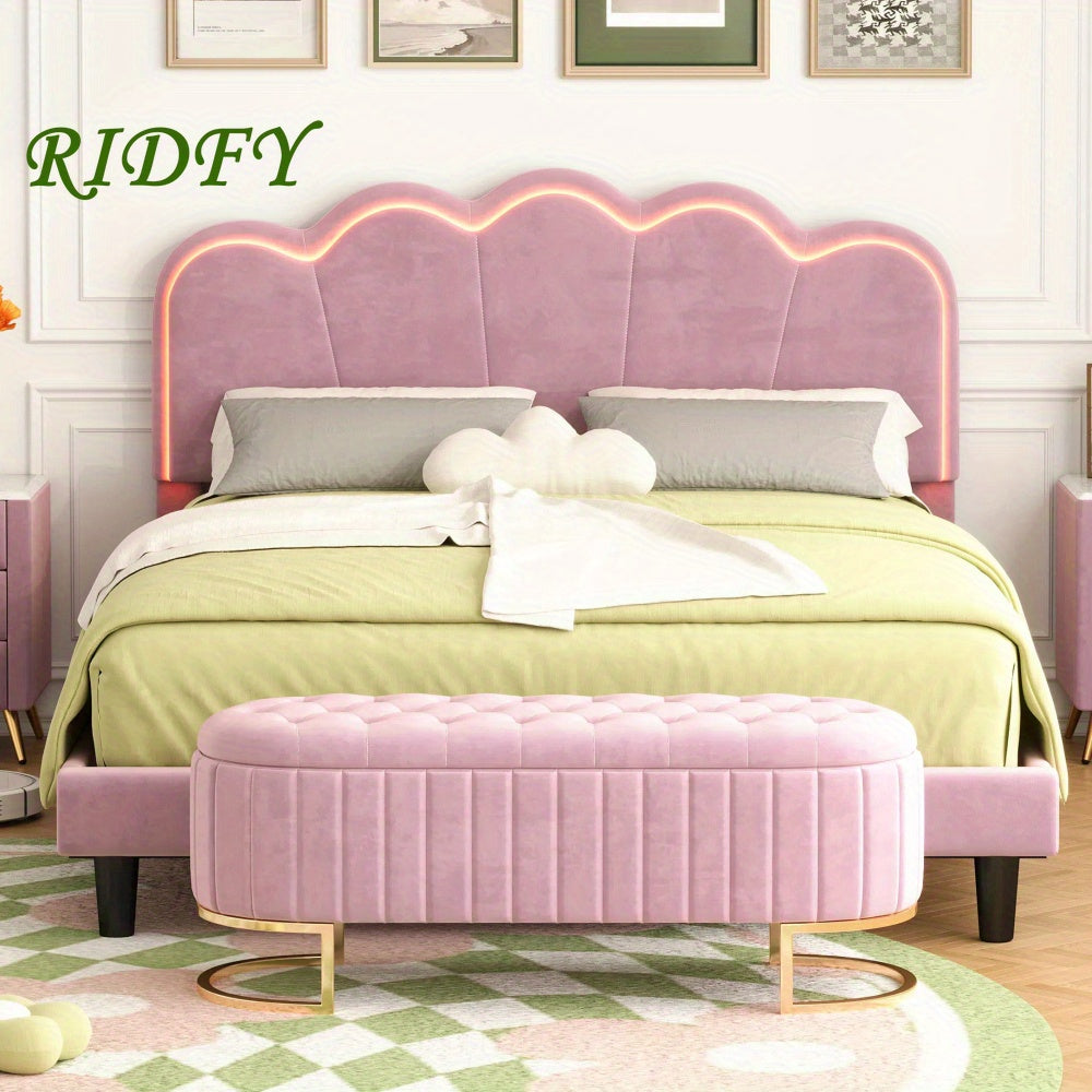 Queen Bedroom Set - LED Platform Bed & Storage Ottoman