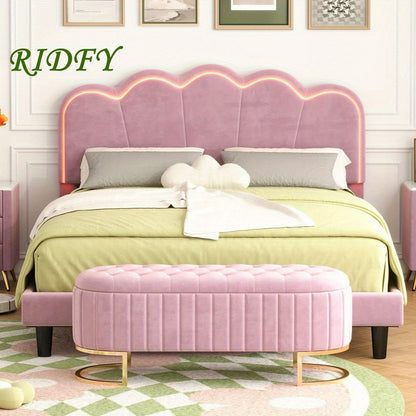 Queen Bedroom Set - LED Platform Bed & Storage Ottoman