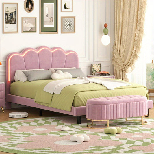 RIDFY 2-Pieces Bedroom Sets, Queen Size Upholstered LED Platform Bed with Storage Ottoman-Velvet, Pink