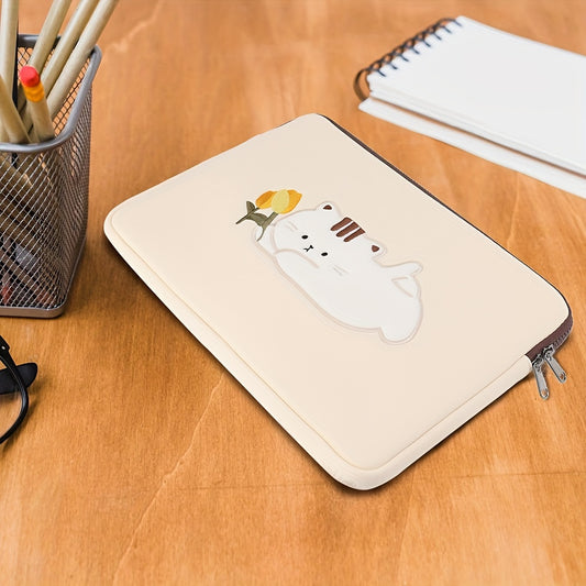 1pc Beige White Tulip Cute Cat Liner Computer Bag, Knitted Fabric Embroidery Craft Can Place Tablets