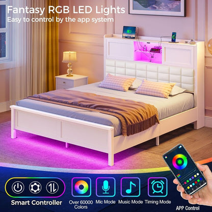 Greenstell Bed Frame Twin/Full/Queen Size with Charging Station, Bookcase Headboard Bed with LED Light and Sliding Doors, Platform Bed with Wooden Slats, No Box Spring Needed, Noise Free