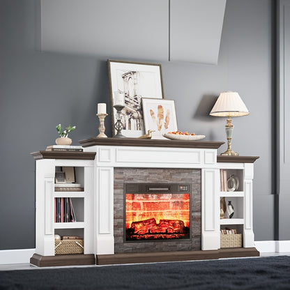 72" Electric Fireplace With Mantel, Fireplace TV Stand For 80" TV, Modern Entertainment Center With Storage, Wood Surround Free Standing Fireplace Heater With Remote Control, Logs, Adjustable Led Flame, For Living Room, Bedro