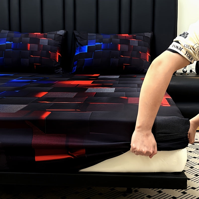 3pcs Cool Technology Digital Printing Material Plaid Fitted Sheet(1pc Bed Sheet+2pcs Pillowcase No Filling)Deep Pocket In 15 Inch At Home Dormitory Suitable for All Seasons Mattress Protector