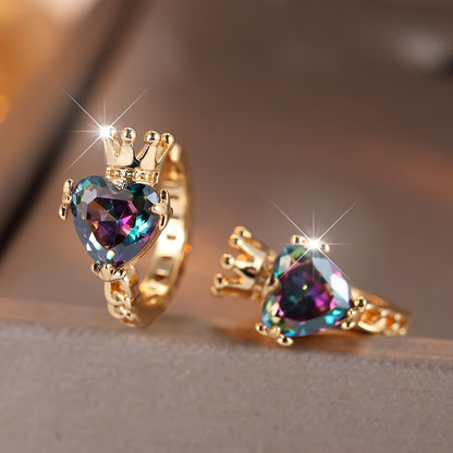 Women's Boho-Chic Crown & Multicolor Heart Hoop Earrings with Cubic Synthetic Zirconia - KC Copper Crown & Hearts, Wedding & Valentine's Day Gift, Year-Round Elegant Bohemian Suitable for Weddings, Parties, Casual Attire