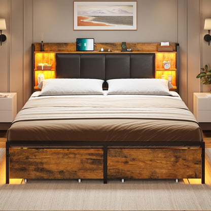 Queen Size Bed Frame with LED Lights, Modern Platform Bed Frame with 2 Storage Drawers and Headboard (Rustic Brown)