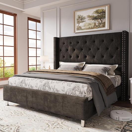 ALBOTT Modern Luxury Queen/King Size Upholstered Platform Bed Frame with 50" Tall Wingback Headboard - Dark Brown/Black Velvet, Button Tufted & Nailhead Trim, Sturdy, No Box Spring, Easy Assembly (Queen/King