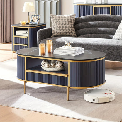 48" Oval Coffee Table - Faux Marble Top & Golden Accents