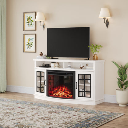 59-Inch Curved Fireplace TV Stand: Farmhouse Style Entertainment Center with 26'' Electric Fireplace, Glass Door Storage Cabinet, and Open Shelves, Fits TVs up to 65"