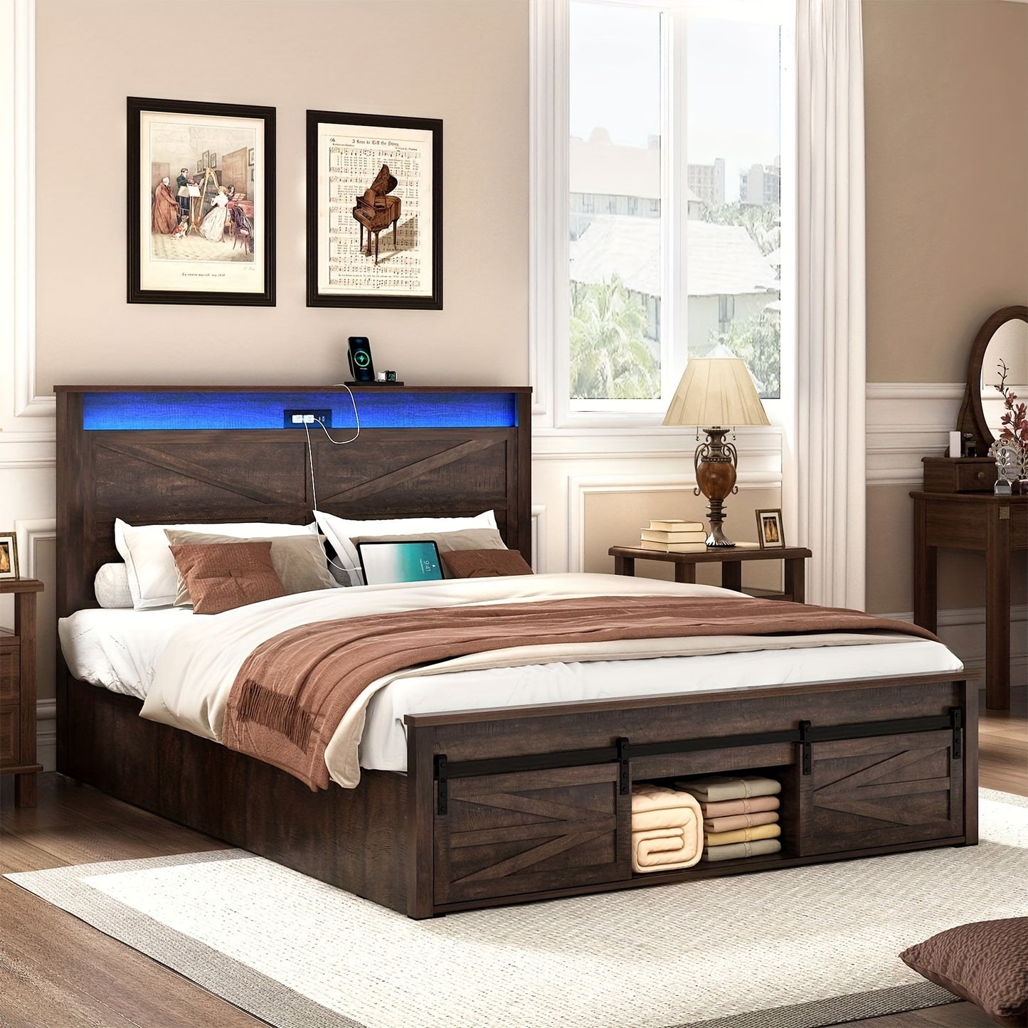 Farmhouse Queen Bed Frame - LED Lights & Charging Station