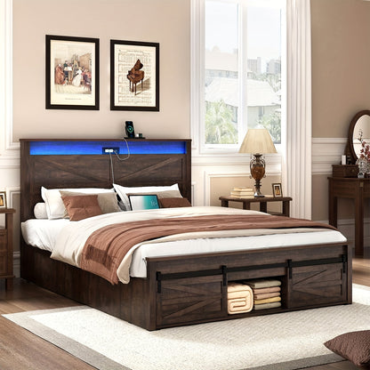 Farmhouse Queen Bed Frame - LED Lights & Charging Station