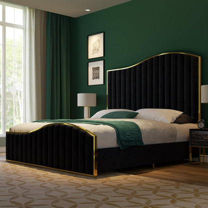 Velvet Bed Frame, 61.4" High Headboard Platform Bed Velvet Upholstered with Gold Trim & Footboard, Black