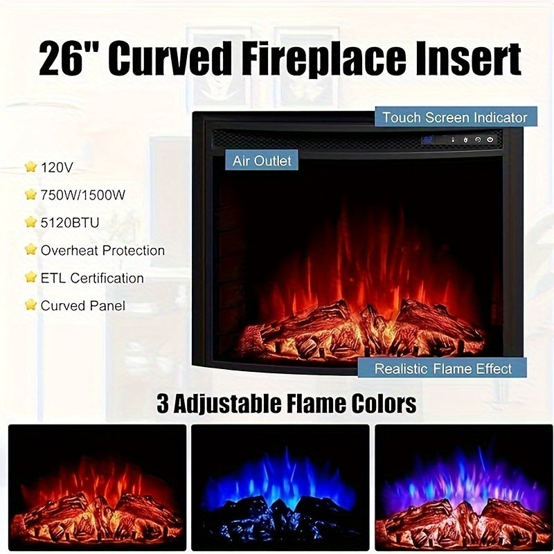 59-Inch Curved Fireplace TV Stand: Farmhouse Style Entertainment Center with 26'' Electric Fireplace, Glass Door Storage Cabinet, and Open Shelves, Fits TVs up to 65"