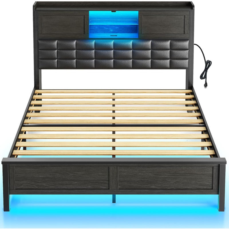 Greenstell Bed Frame Twin/Full/Queen Size with Charging Station, Bookcase Headboard Bed with LED Light and Sliding Doors, Platform Bed with Wooden Slats, No Box Spring Needed, Noise Free
