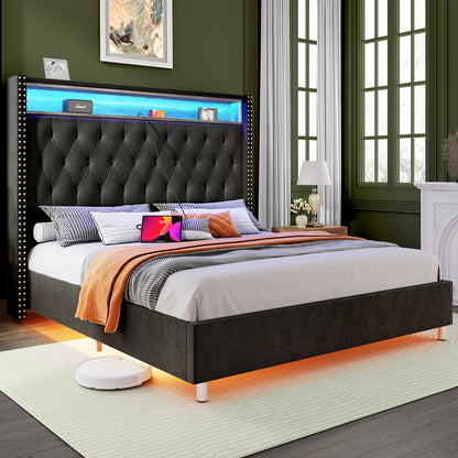 PaPaJet LED Bed Frame with Charging Ports Velvet Upholstered Bed Frame with Button Tufting Headbord