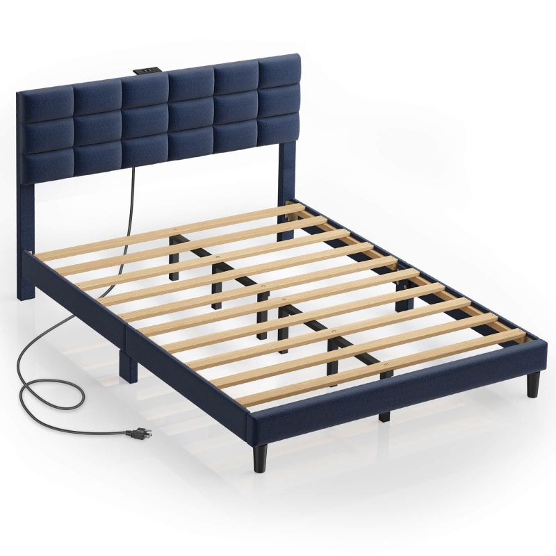 Twin/Full/Queen/King Size Platform Bed Frame with Fabric Upholstered Headboard and Wooden Slats Support, Leather Upholstered Headboard, and Built-in Charging Station, Upholstered Mattress Foundation/No Box Spring Needed/Easy