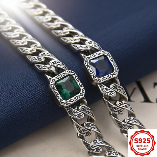 1pc S925 925 Silvery Plated-plated Men's bracelet, vintage style, with Arabic patterns, hypoallergenic, available in blue, green, and black, unique design, fashionable and versatile, suitable for both men and women, simple de