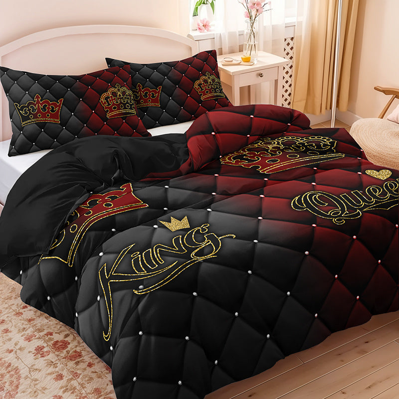 2/3pcs King and Queen Luxury Dark Red and Golden Crown Duvet Cover Set, 1 Duvet Cover + 1/2 Pillowcases (No Insert), All-Season Home and Dormitory High-Definition Print