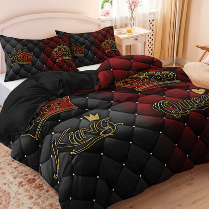 2/3pcs King and Queen Luxury Dark Red and Golden Crown Duvet Cover Set, 1 Duvet Cover + 1/2 Pillowcases (No Insert), All-Season Home and Dormitory High-Definition Print