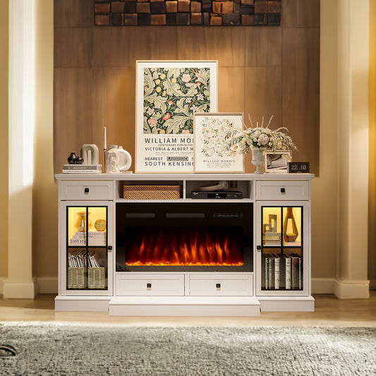 Farmhouse Fireplace TV Stand Suitable For Up To 75 Inch TV, 36" Tall Entertainment Center With 36" Crystal Eletric Fireplace, Modern Media Console Table With LED Lights For Living Room, White