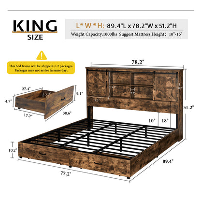 Farmhouse-Style Wooden Platform Bed Frame Boasting a 51.2" Bookcase Headboard, Integrated Storage with a Sliding Barn Door Charging Station and 2 Drawers - No Box Spring Required, Totally Noise-Free