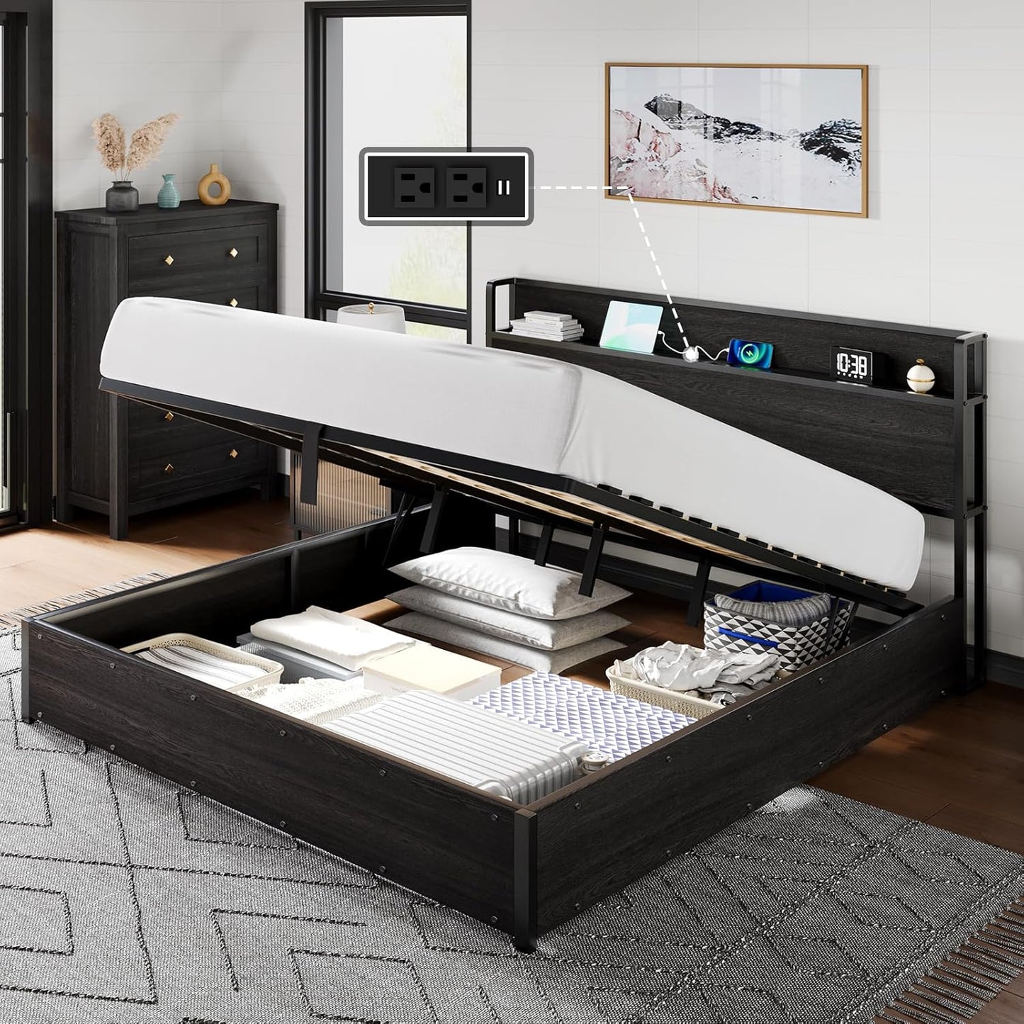 Black/King Elevating Storage Bed Frame: Wooden Platform Design Incorporating Lifting Storage and Charging Station, Eliminating the Need for a Spring Box and Ensuring Noiselessness