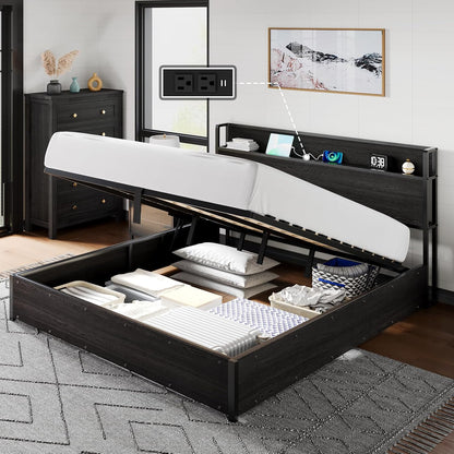Black/King Elevating Storage Bed Frame: Wooden Platform Design Incorporating Lifting Storage and Charging Station, Eliminating the Need for a Spring Box and Ensuring Noiselessness