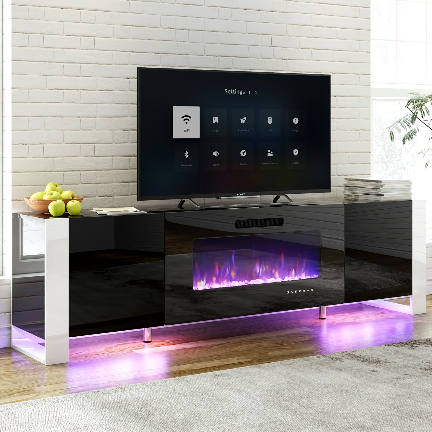 Modern Electric Fireplace TV Stand with LED Lights, Entertainment Center for TVs