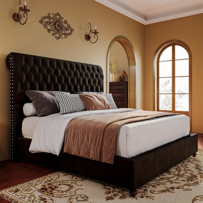 Papajet Fabric-Covered Sleigh Style Bed Frame with Diamond-Studded Headboard